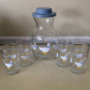 Vintage Libbey Country Goose Glass Carafe w/Lid & 4 Juice Glasses